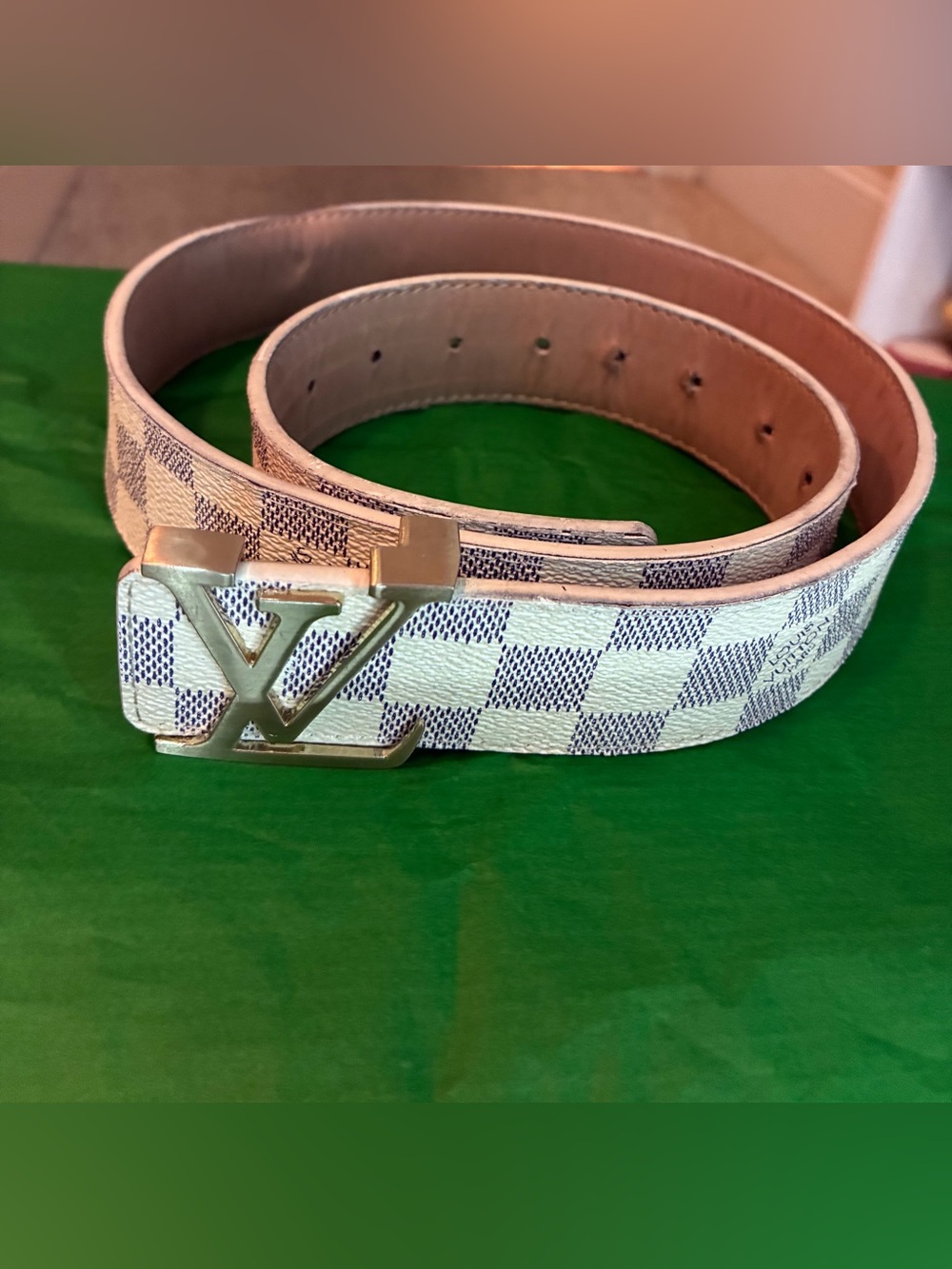 Louis Vuitton White Damier Azur Canvas Belt with Gold LV Buckle